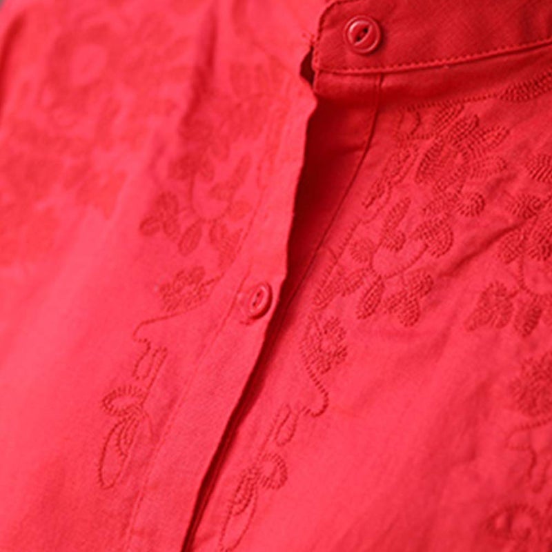 Minibee Women's Cotton Linen Shirt High Low Button Down Embroidered Blouse Long Sleeve Tunic Tops Red L - Image 2